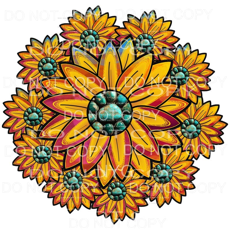 Abstract Sunflower Turquoise Gemstone Pink Yellow #2115