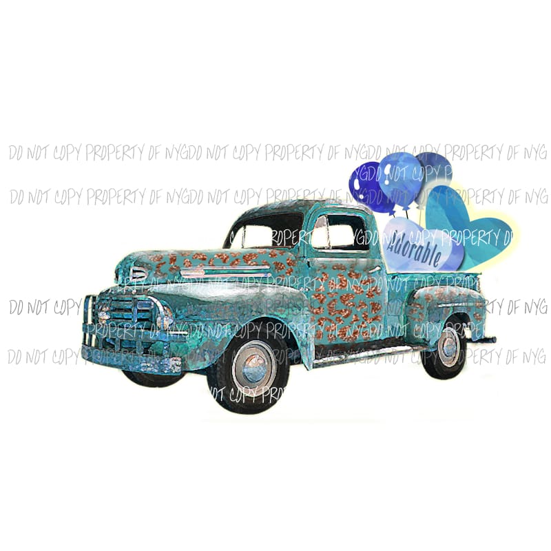 Adorable blue truck #2 leopard hearts balloons no frame Sublimation transfers Heat Transfer