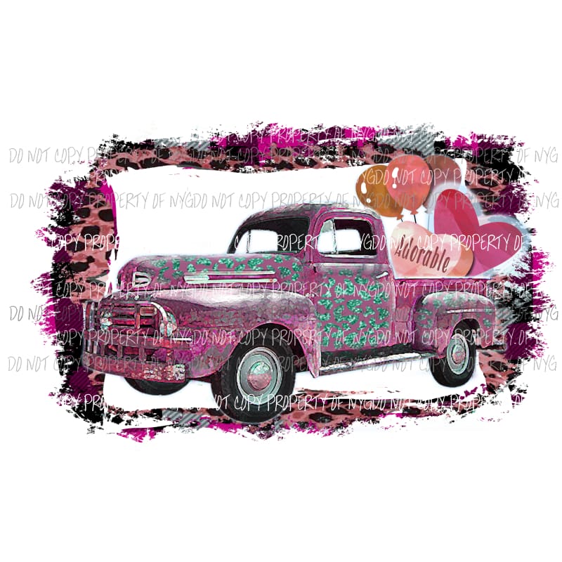 Adorable pink truck #1 leopard hearts balloons framed Sublimation transfers Heat Transfer