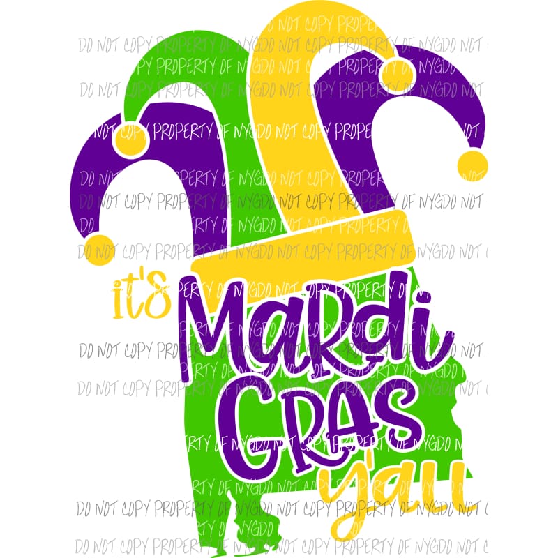 Alabama Its Mardi Gras Yall state outline jester hat state outline Sublimation transfers Heat Transfer