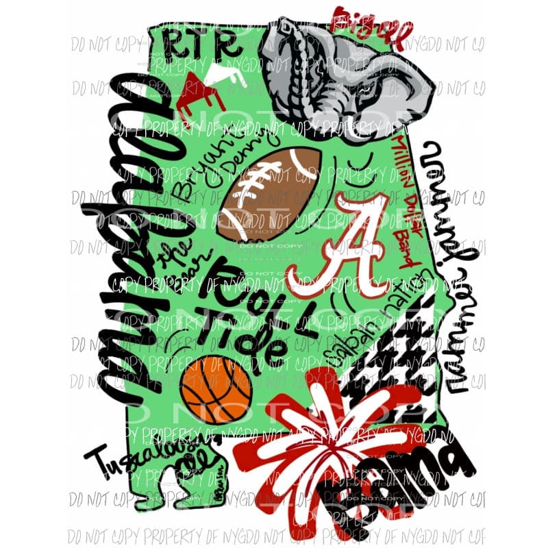 Alabama state Hand Drawn Sublimation transfers Heat Transfer
