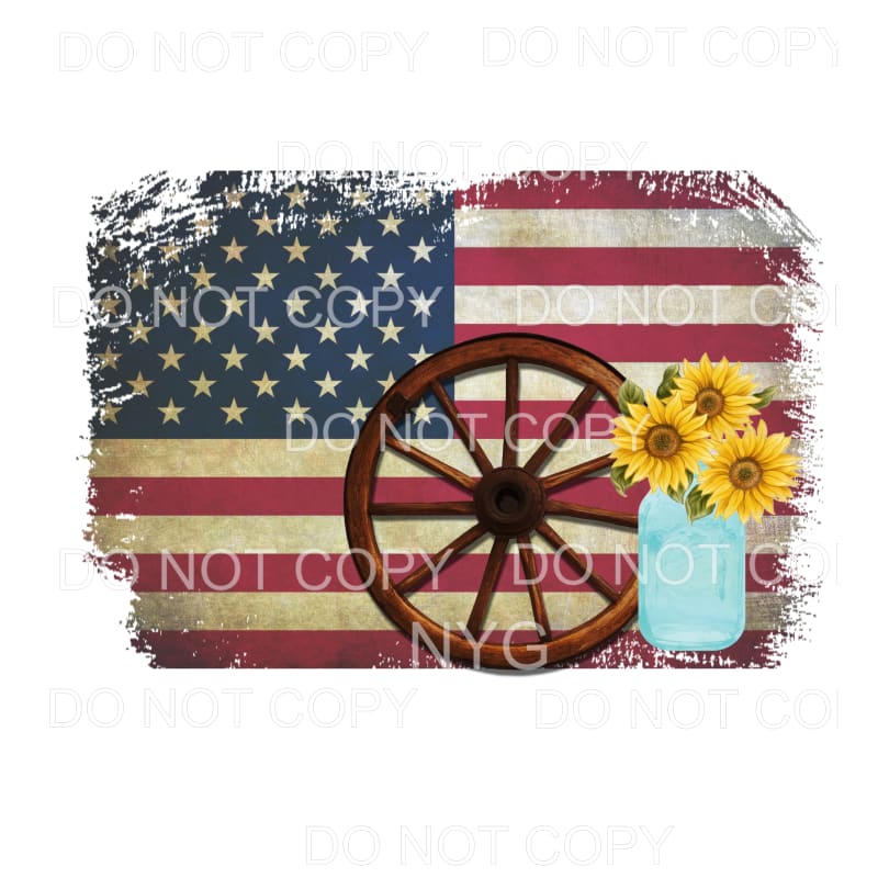 American Flag Distressed Wagon Wheel Sunflowers Sublimation