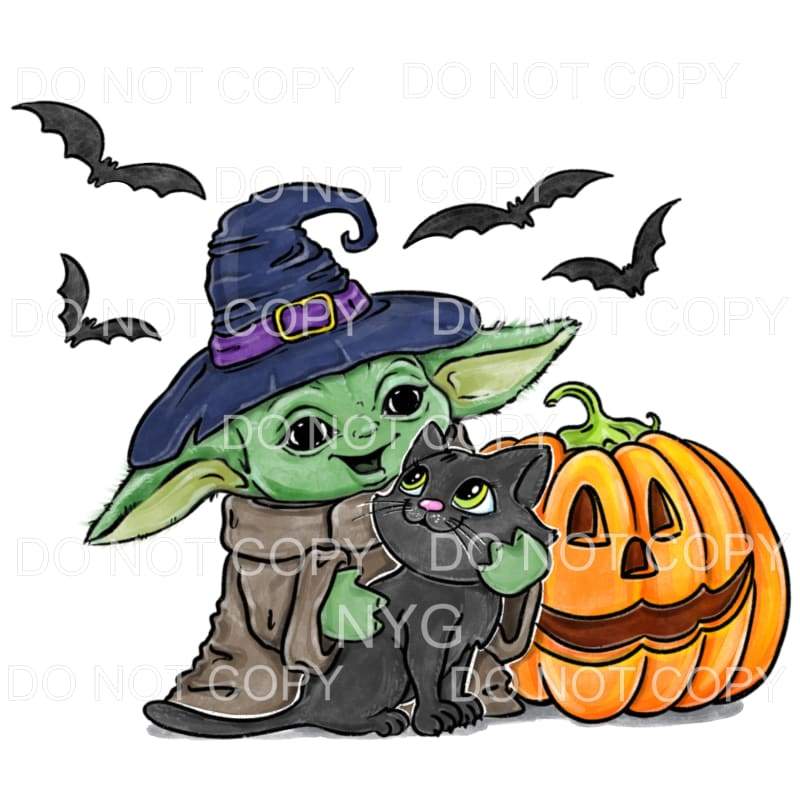 Baby Yoda Halloween Black Cat Pumpkin Bats Yellow Moon Star