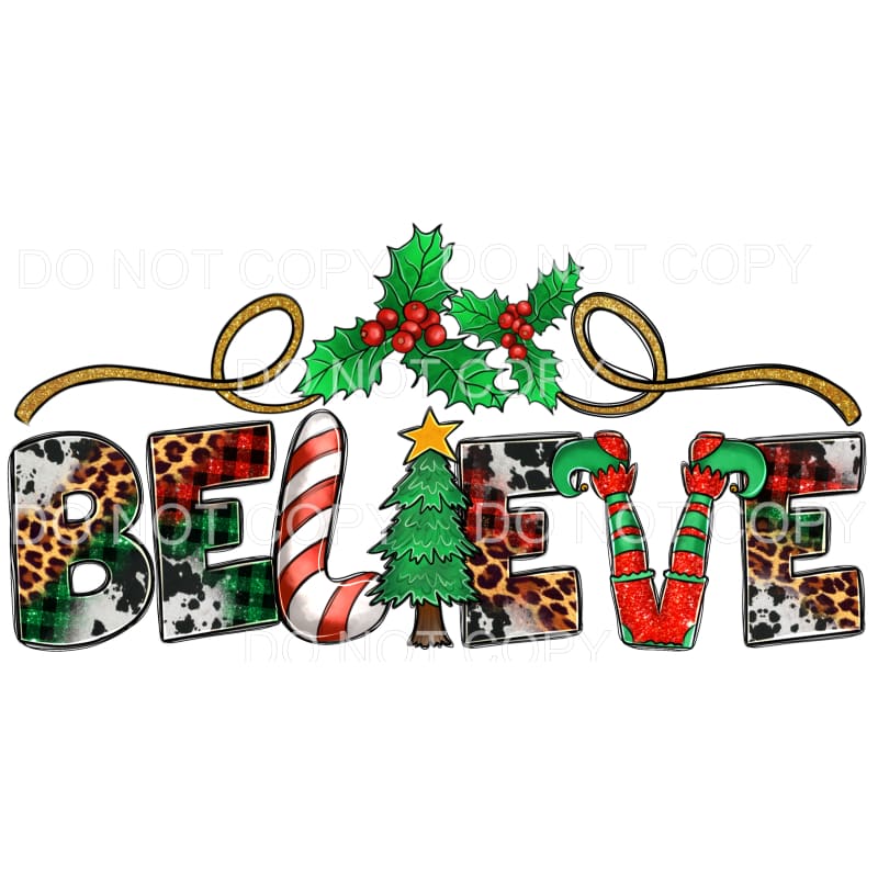 Believe Christmas Tree Red Green Plaid Cowhide Leopard Elf