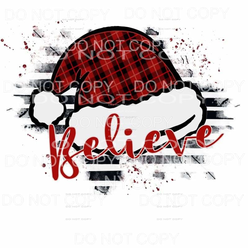 Believe Santa Hat Red Black Plaid Black Stripes Distressed