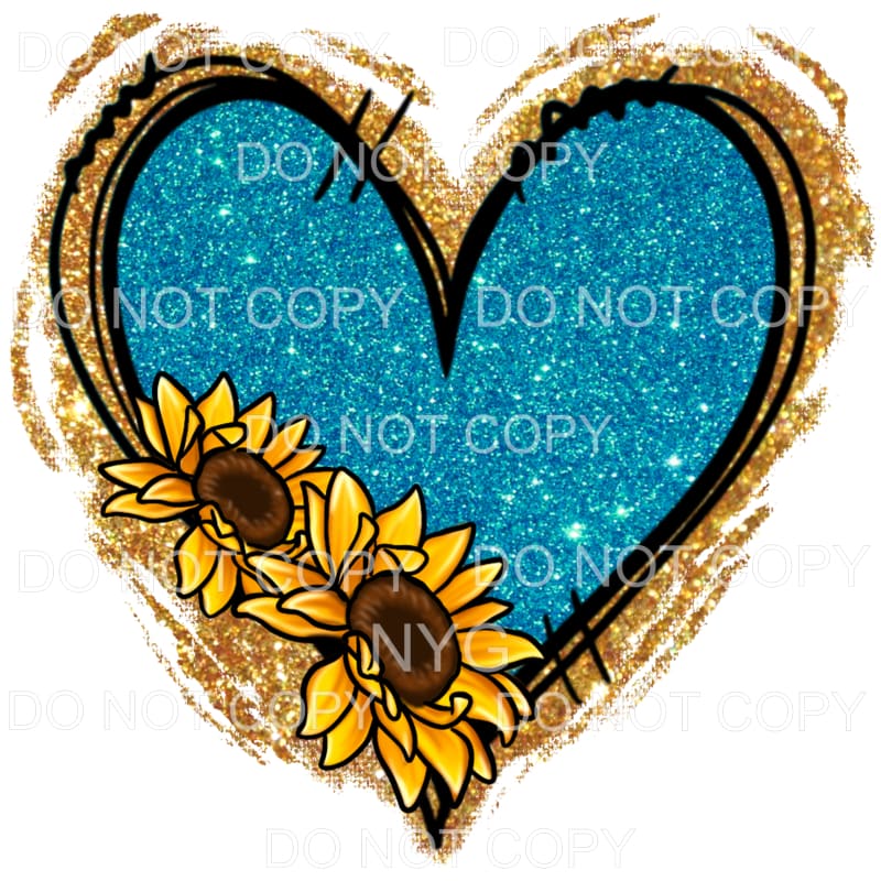 Blue Gold Glitter Heart Sunflowers #2093 Sublimation
