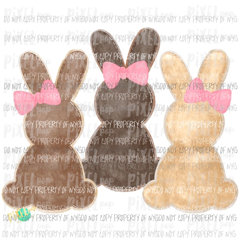 Brown Bunnies with Bows watercolor Sublimation transfers Heat Transfer