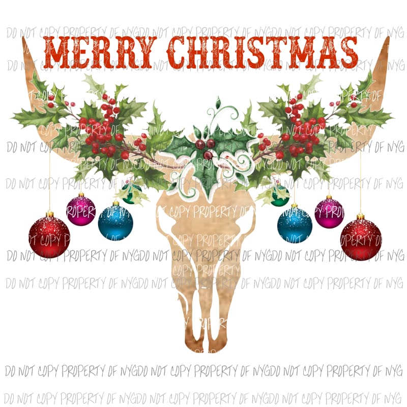 Bull skull with Christmas ornaments # 1 MERRY CHRISTMAS Sublimation transfers Heat Transfer