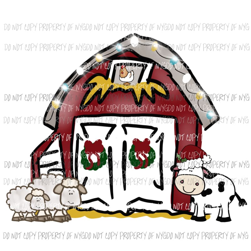Christmas Barn with cow Sublimation transfers Heat Transfer