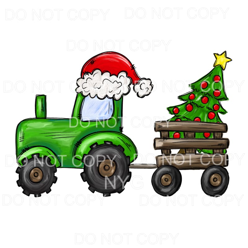 Christmas Green Tractor Santa Hat Wagon Tree #1342