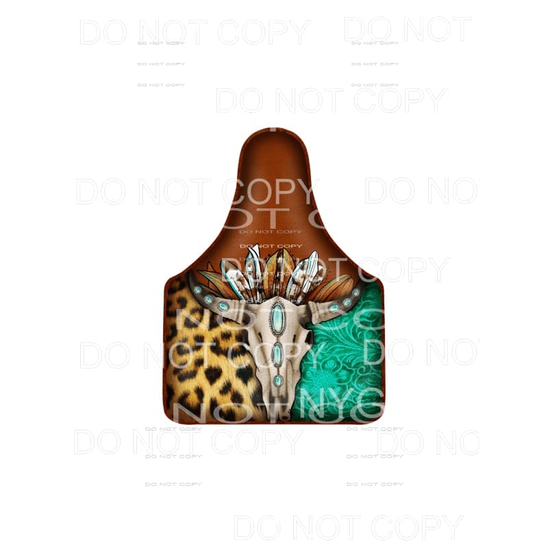Cow Skull Turquoise Cow Tag Feathers Leopard Leather #2148