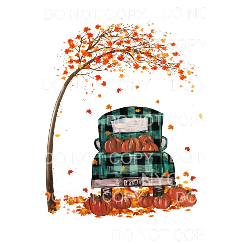 Fall Truck Green Plain Orange Pumpkin Tree Falling Leaves