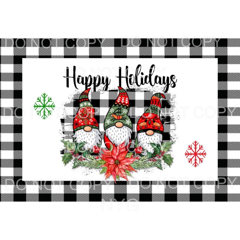 Happy Holidays Christmas Gnomes Trio Black Buffalo Plaid