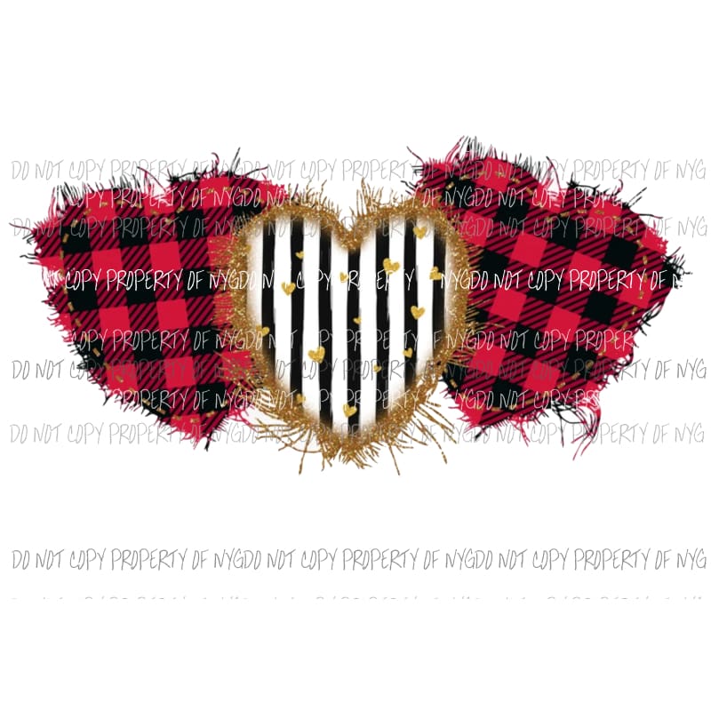 Hearts trio #1 red plaid black stripes gold hearts Sublimation transfers Heat Transfer