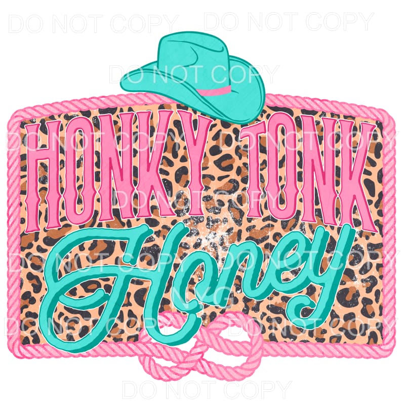 Honky Tonk Honey Leopard Teal Cowboy Hat Pink Rope Frame