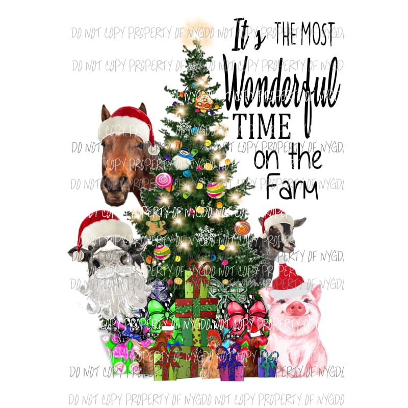Its the most wonderful time On the Farm Pig cow chickens Horse Goat Santa Sublimation transfers Heat Transfer