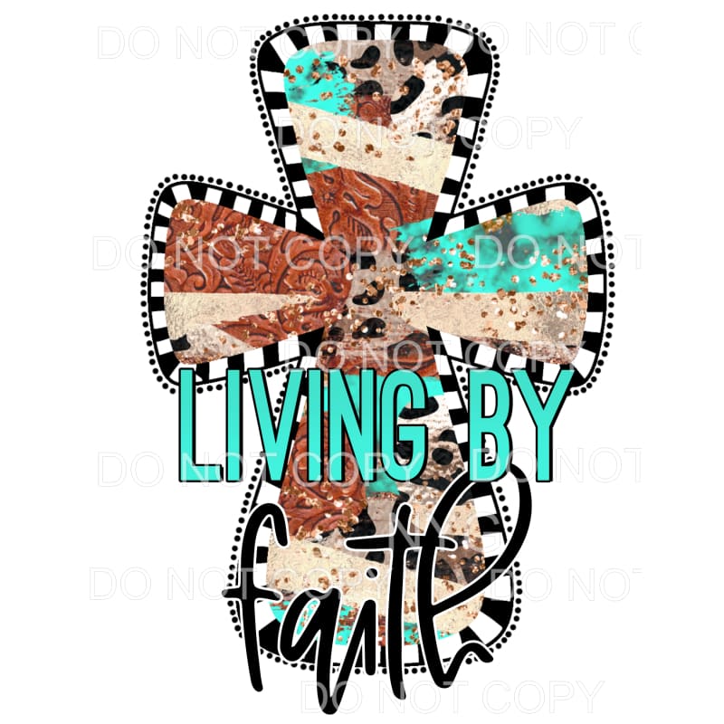 Living By Faith Cross Leather Turquoise Leopard Sublimation