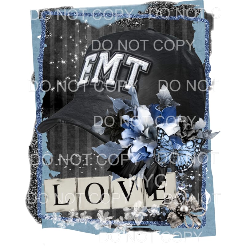 Love EMT Black Hat Blue Flower Framed Sublimation transfers