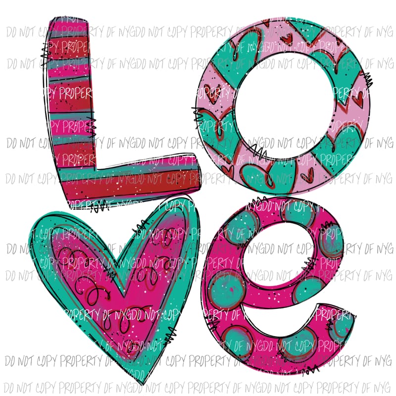 LOVE funky stacked letters purple teal hearts Sublimation transfers Heat Transfer