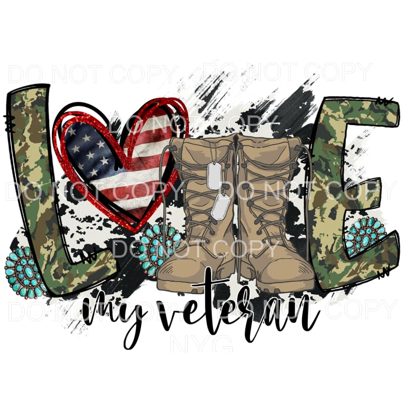 Love My Veteran Military Boots Dog Tags Camo Turquoise Flag