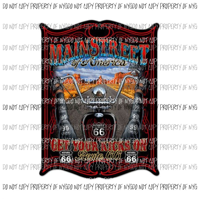 Main Street Of America Get Your Kicks Route 66 motorcyle Sublimation transfers Heat Transfer