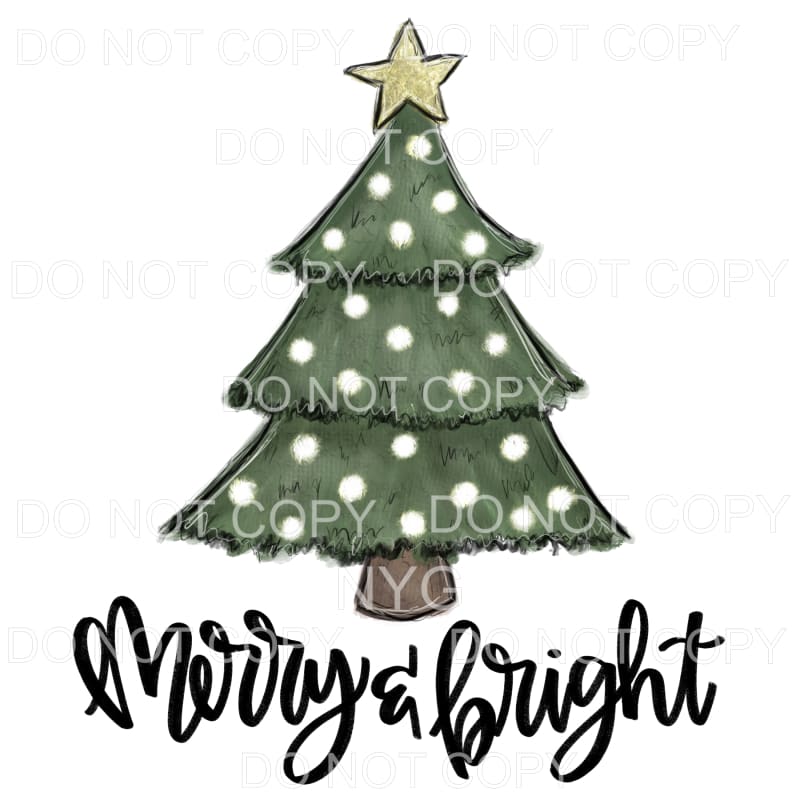 Merry And Bright Christmas Tree White Lights Gold Star #586