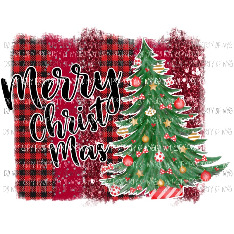 Merry Christmas decorated tree buffalo plaid brush strokes Sublimation transfers Heat Transfer