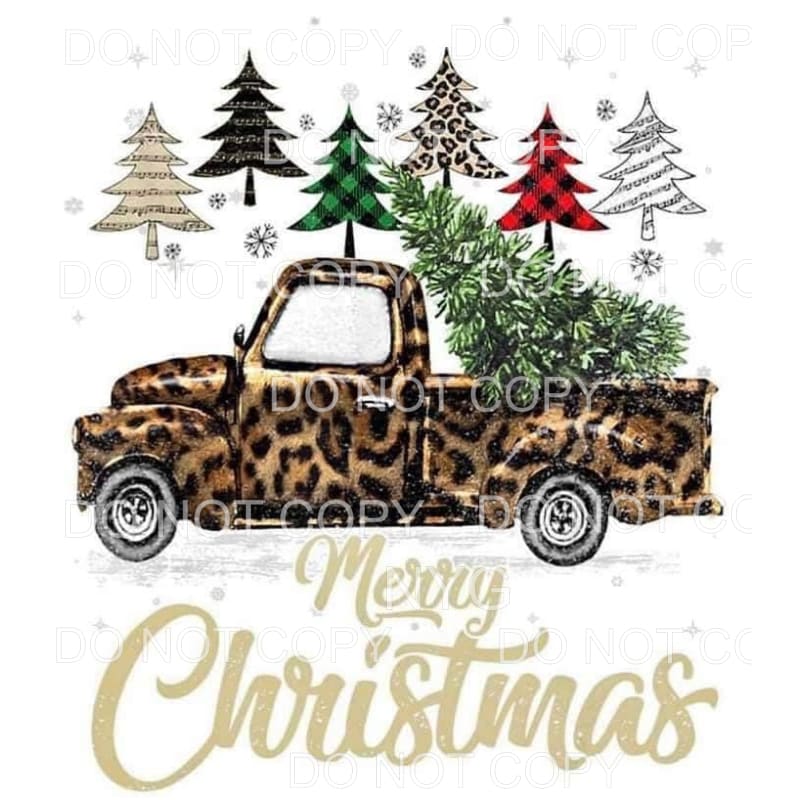 Merry Christmas Gold Vintage Truck Leopard Red Green Plaid