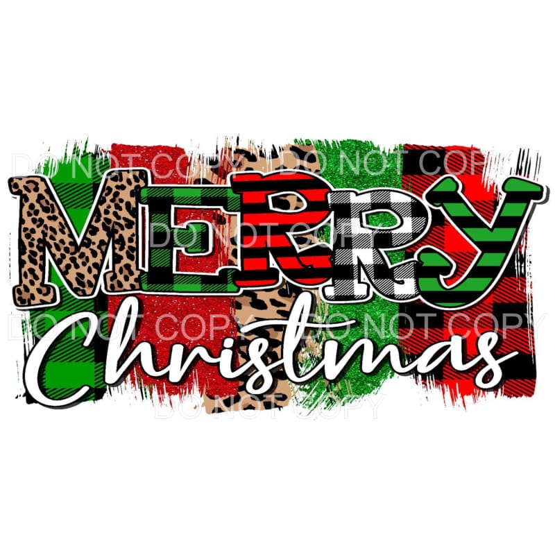 Merry Christmas Leopard Red Green Plaid Brushstrokes
