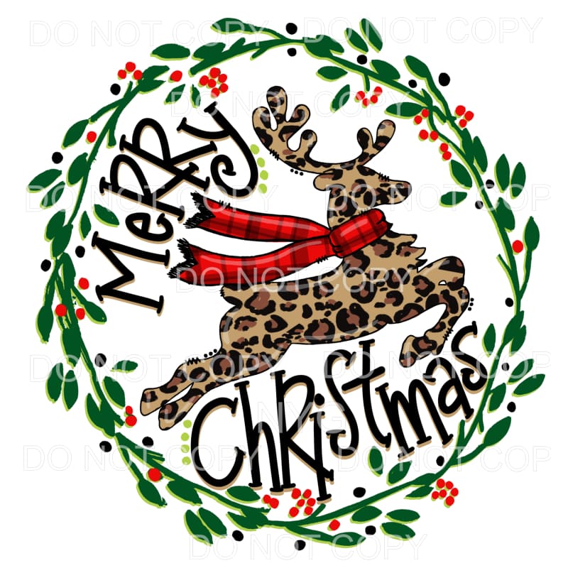 Merry Christmas Leopard Reindeer Red Plaid Scarf Wreath