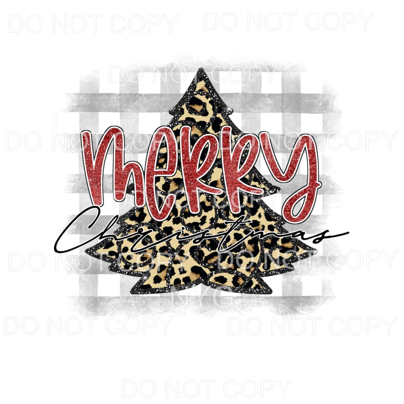Merry Christmas Red Black Glitter Leopard Tree Grey Plaid