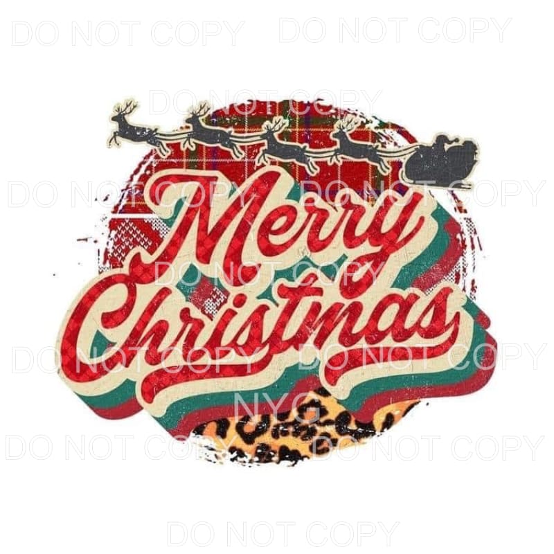 Merry Christmas Retro Santa Sleigh Reindeer Red Plaid