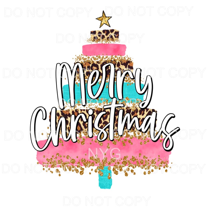 Merry Christmas Tree Pink Blue Leopard Brush Strokes Gold
