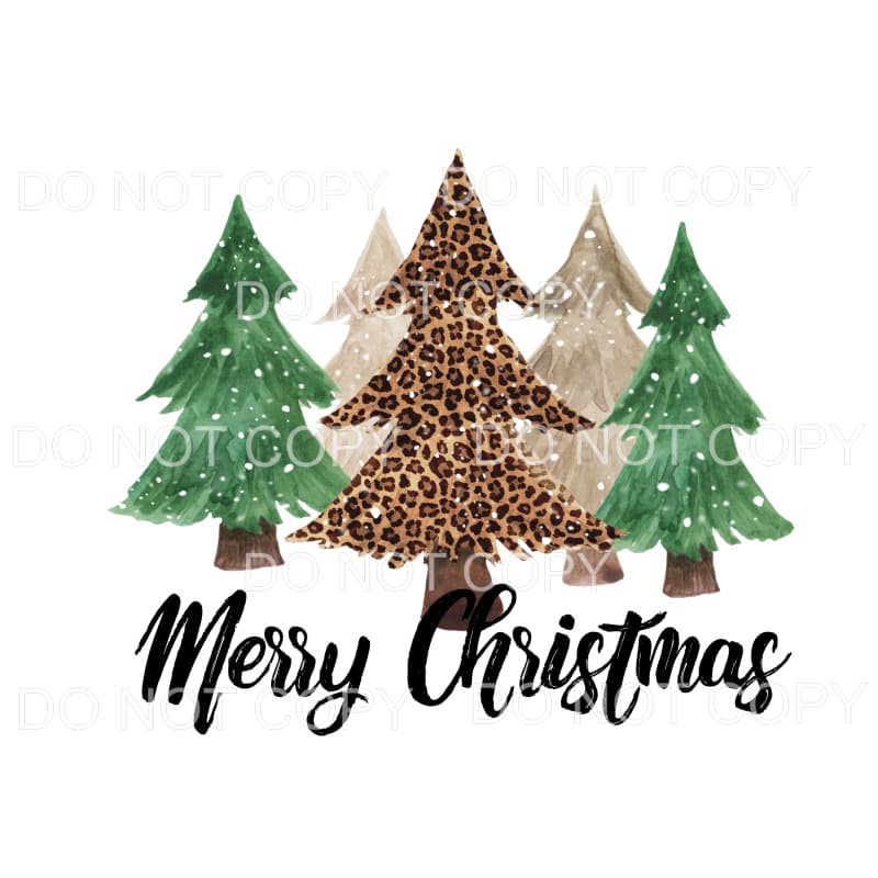 Merry Christmas Trees Green Leopard Snow Watercolor #574