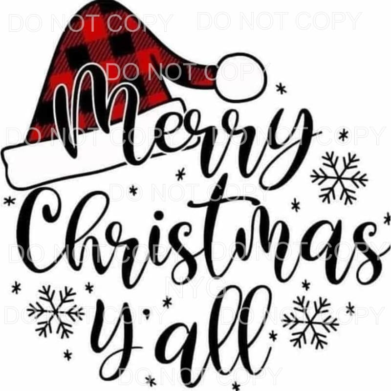 Merry Christmas Y’all Red Plaid Santa Hat Snowflakes #1803