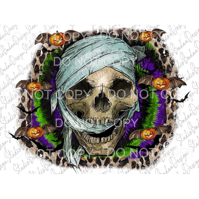 Mummy Skull Pumpkins Bat Wings Tie Dye Leopard Background