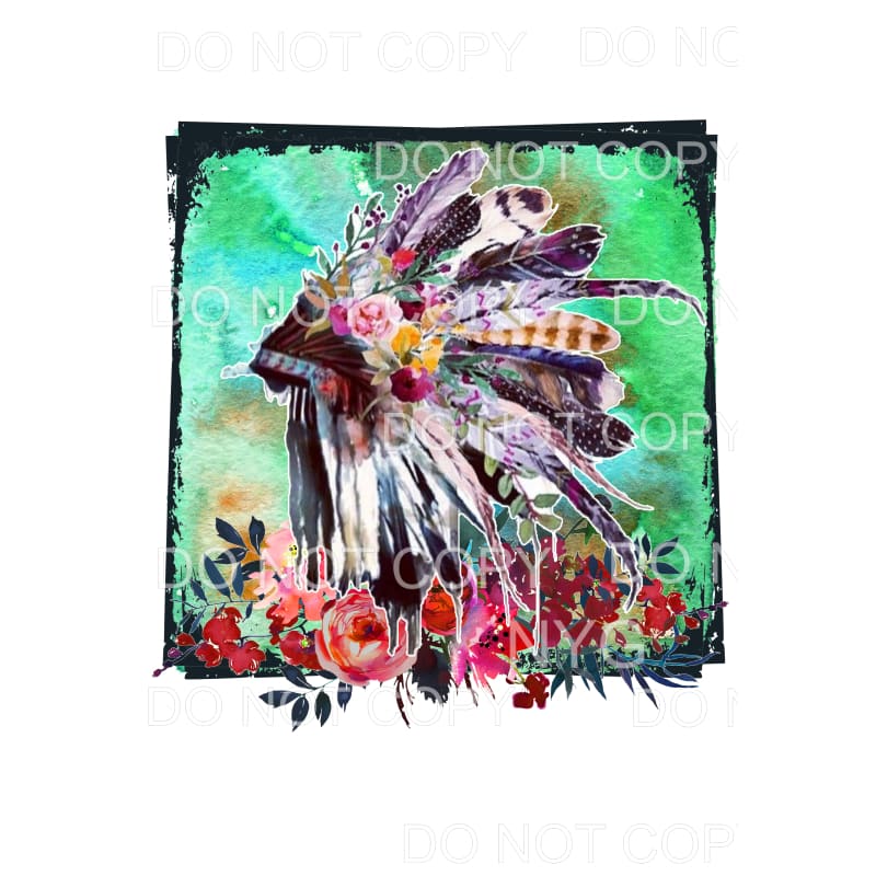 Native American Headdress Feathers Flowers Green Background