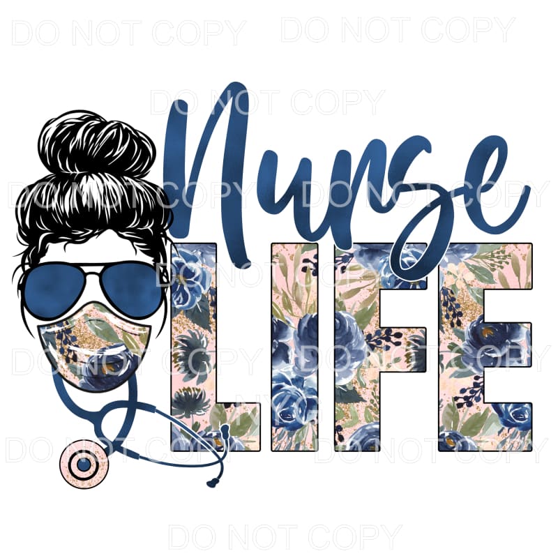 Nurse Life Messy Bun Blue Floral Stethoscope Mask