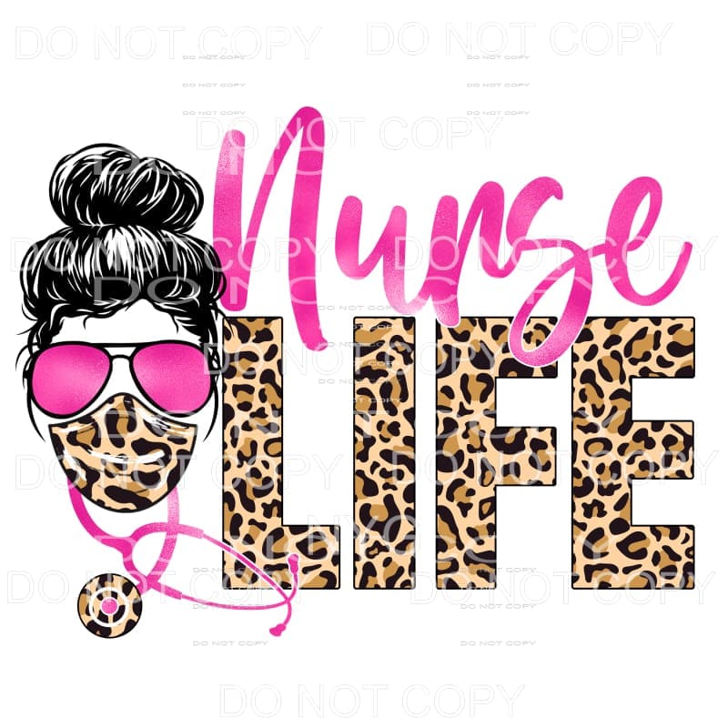 Nurse Life Messy Bun Pink Leopard Stethoscope Mask