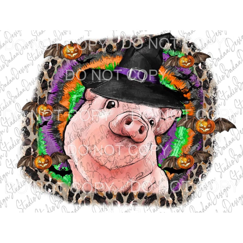 Pig Wearing Witch Hat Pumpkins Bat Wings Tie Dye Leopard