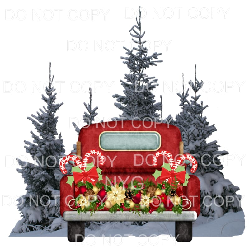 Red Christmas Truck Poinsettias Chrimstas Candy Canes Snow