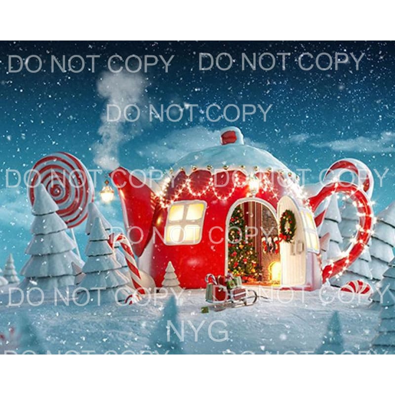 Red Teacup House Christmas Tree Snow Winter Scene
