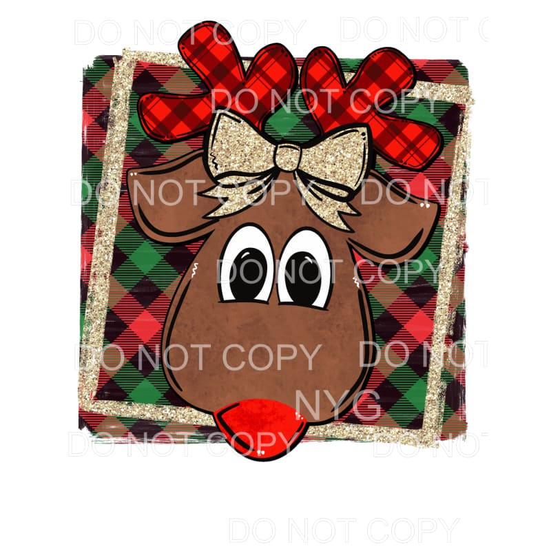 Reindeer Gold Bow Red Green Plaid Framed Sublimation
