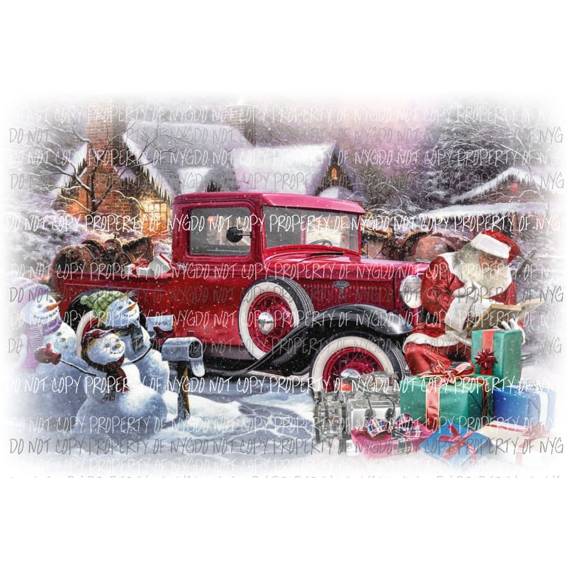 Santa and snowmen with red truck FEATHERED Sublimation transfers Heat Transfer
