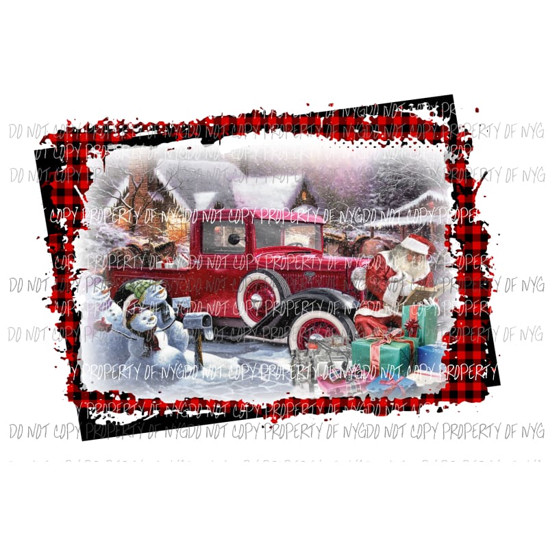 Santa and snowmen with red truck framed Sublimation transfers Heat Transfer