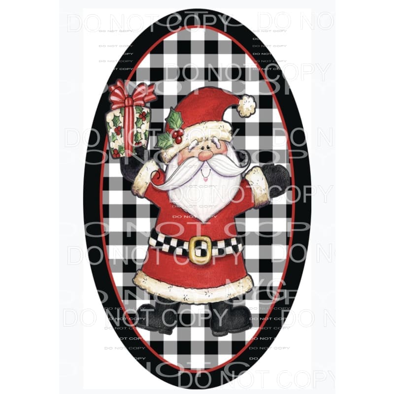 Santa Holding Gift Black Plaid Background Black Red Oval