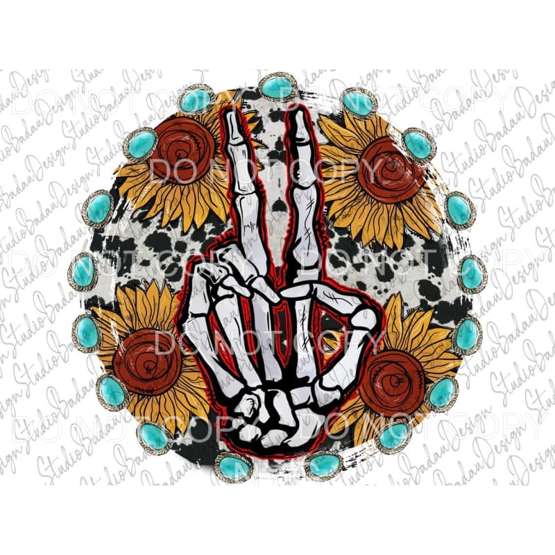 Skeleton Hand Sunflower Cowhide Turquoise Circle #200