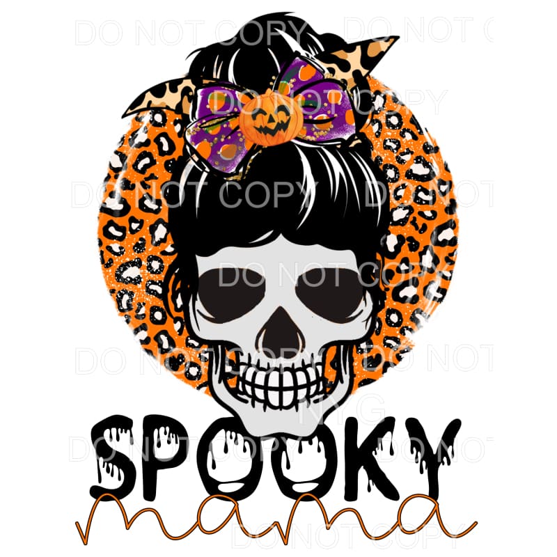 Spooky Mama Skull Messy Bun Pumpkin Bow Orange Leopard