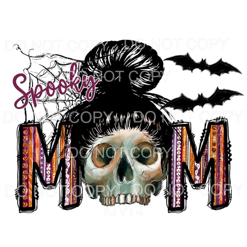 Spooky Mom Skull Messy Bun Bats Spider Web Western Print