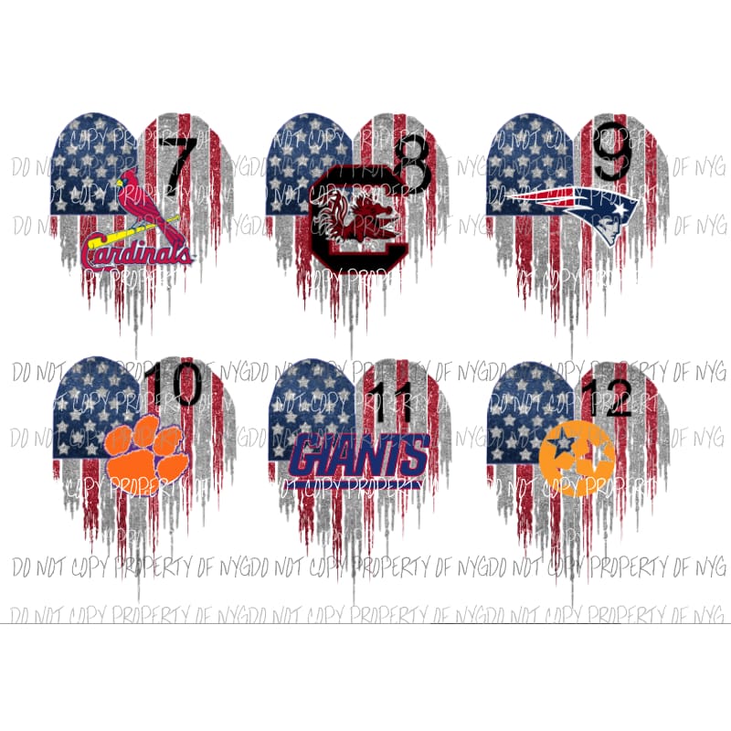 Team Heart flag 6 to choose from 7-12 Sublimation transfers Heat Transfer